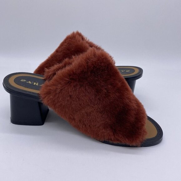 Zara Faux Fur Block Heel Mules Womens Size 38 Slip On Open Toe Sandals Burnt Red - Picture 8 of 12